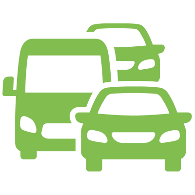 Drei grüne Ikonen von Fahrzeugen, darunter ein Van, ein Auto und ein weiteres Auto, die übereinander angeordnet sind.