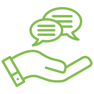 Eine stilisierte Hand, die nach oben zeigt, mit zwei Sprechblasen darüber, die Textlinien darstellen, auf grünem Hintergrund.
