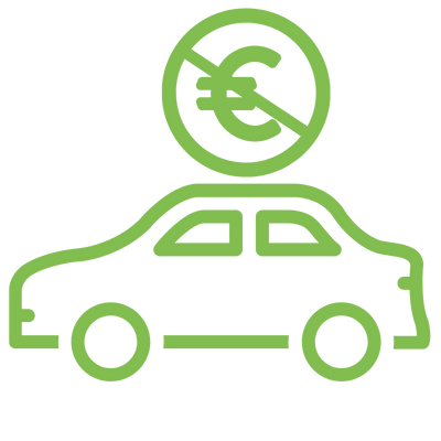 Grüne Ikone eines Autos mit einem durchgestrichenen Eurozeichen darüber, was auf eine Art von kostenlosem Parken hinweist.