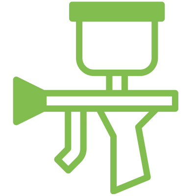 Grüne Grafik eines Farb- oder Spritzpistolenwerkzeugs, das zum Auftragen von Farbe verwendet wird.