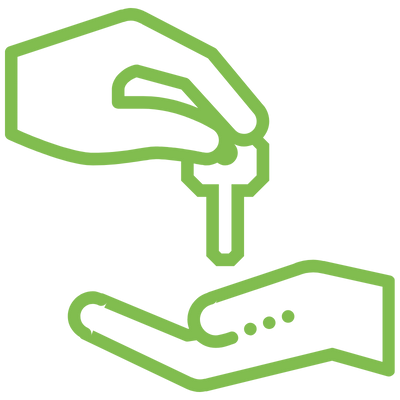 Eine stilisierte grüne Grafik, die eine Hand zeigt, die einen Schlüssel an eine andere Hand übergibt.